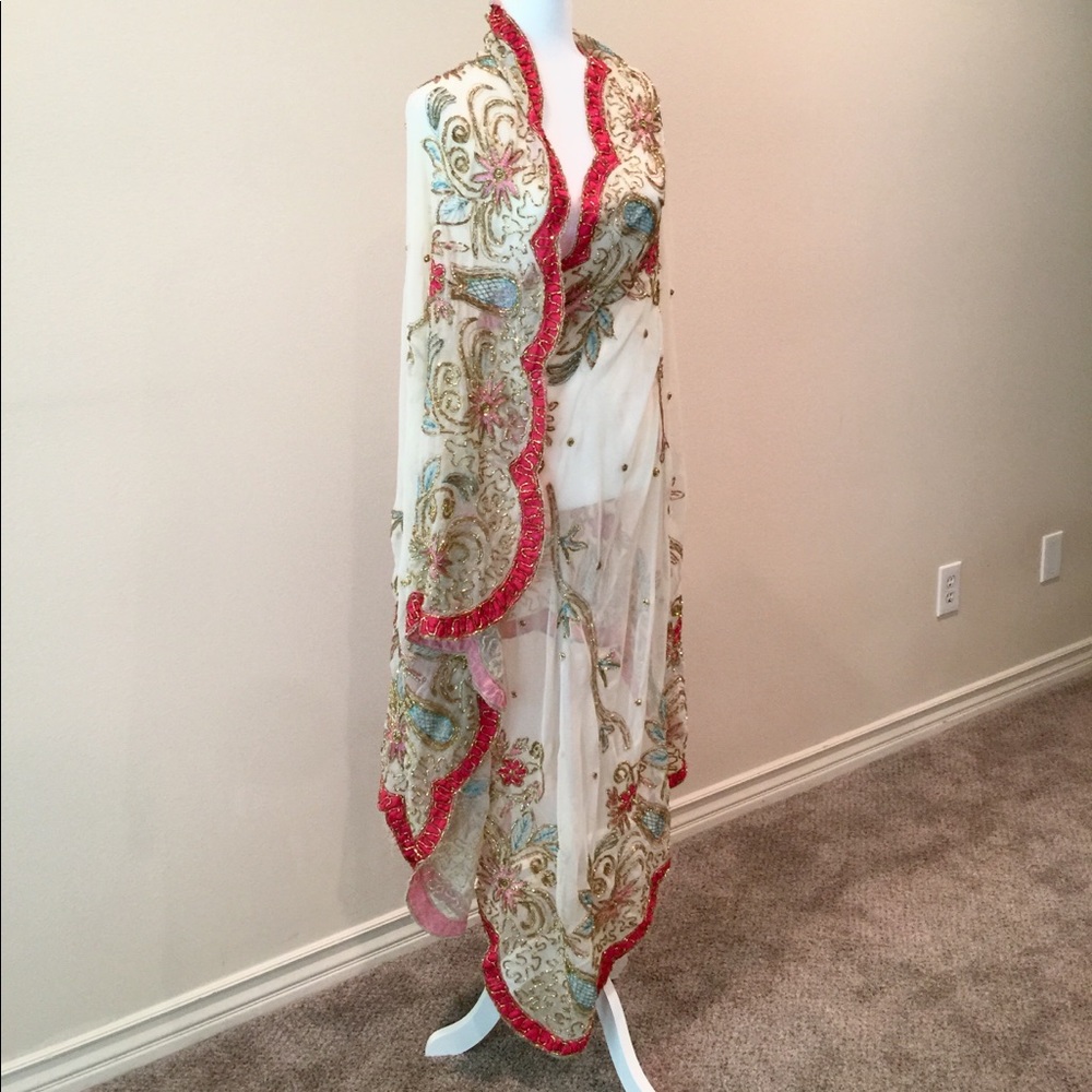 Vintage India sari sheer gold floral pink ethnic boho sparkly turquoise wrap